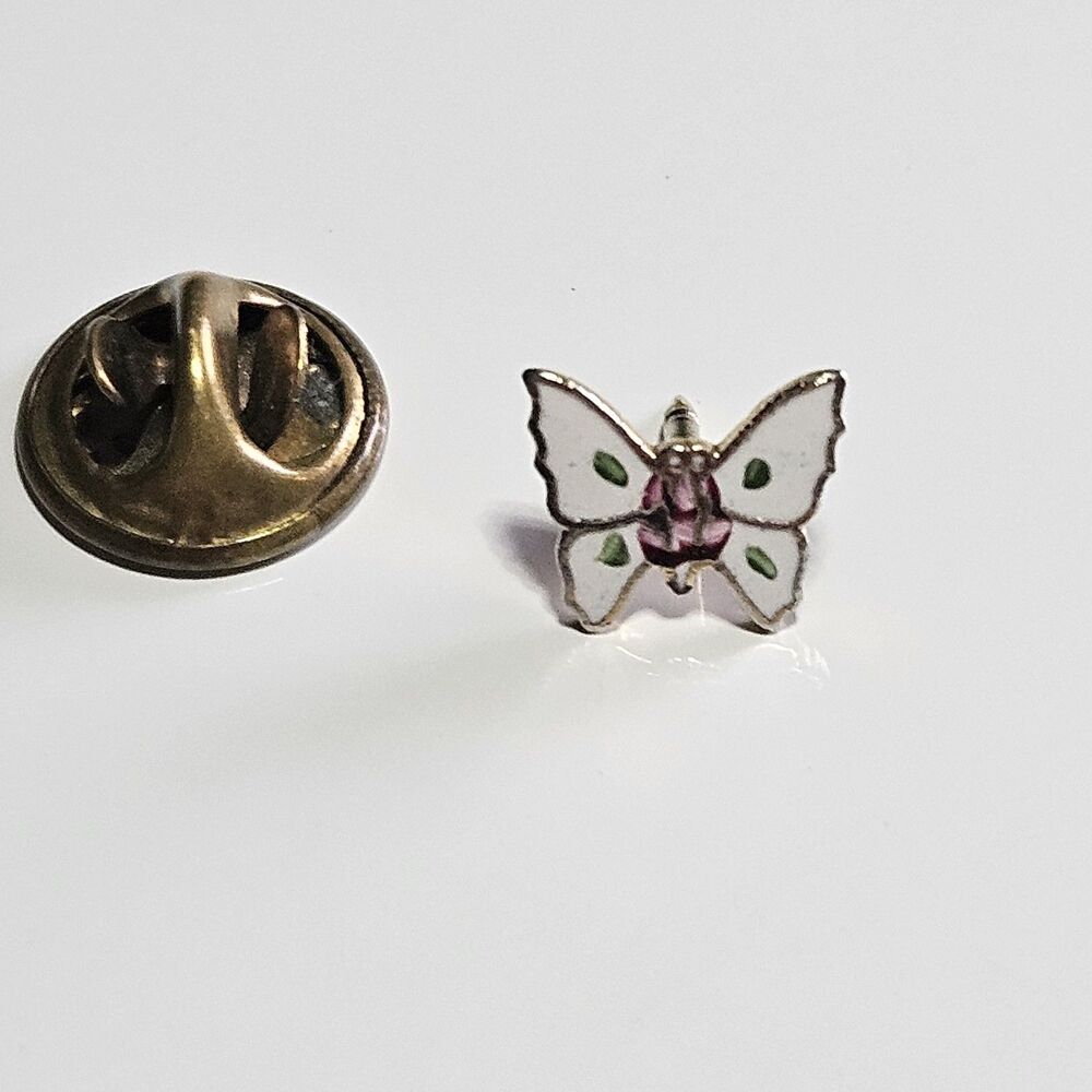 Gold Tone Vintage Dainty White Pink Green Cloisonne Butterfly Pin
